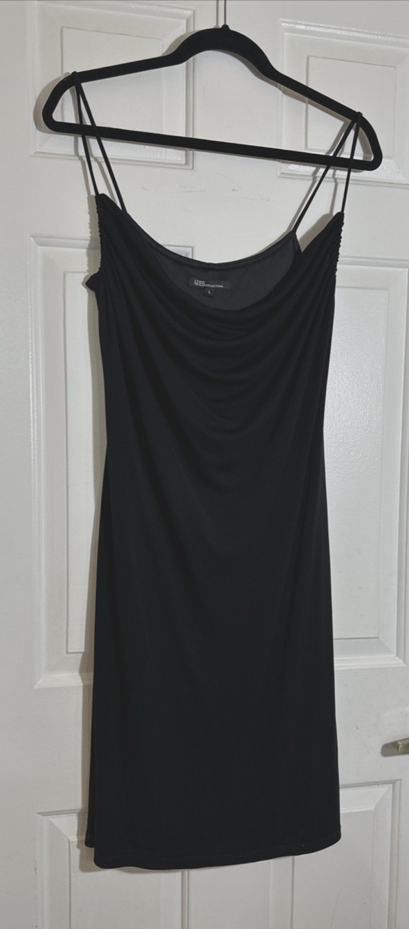 Guess Collection Black Spaghetti Strap Draped U Shaped Neck Slinky Midi Dress L